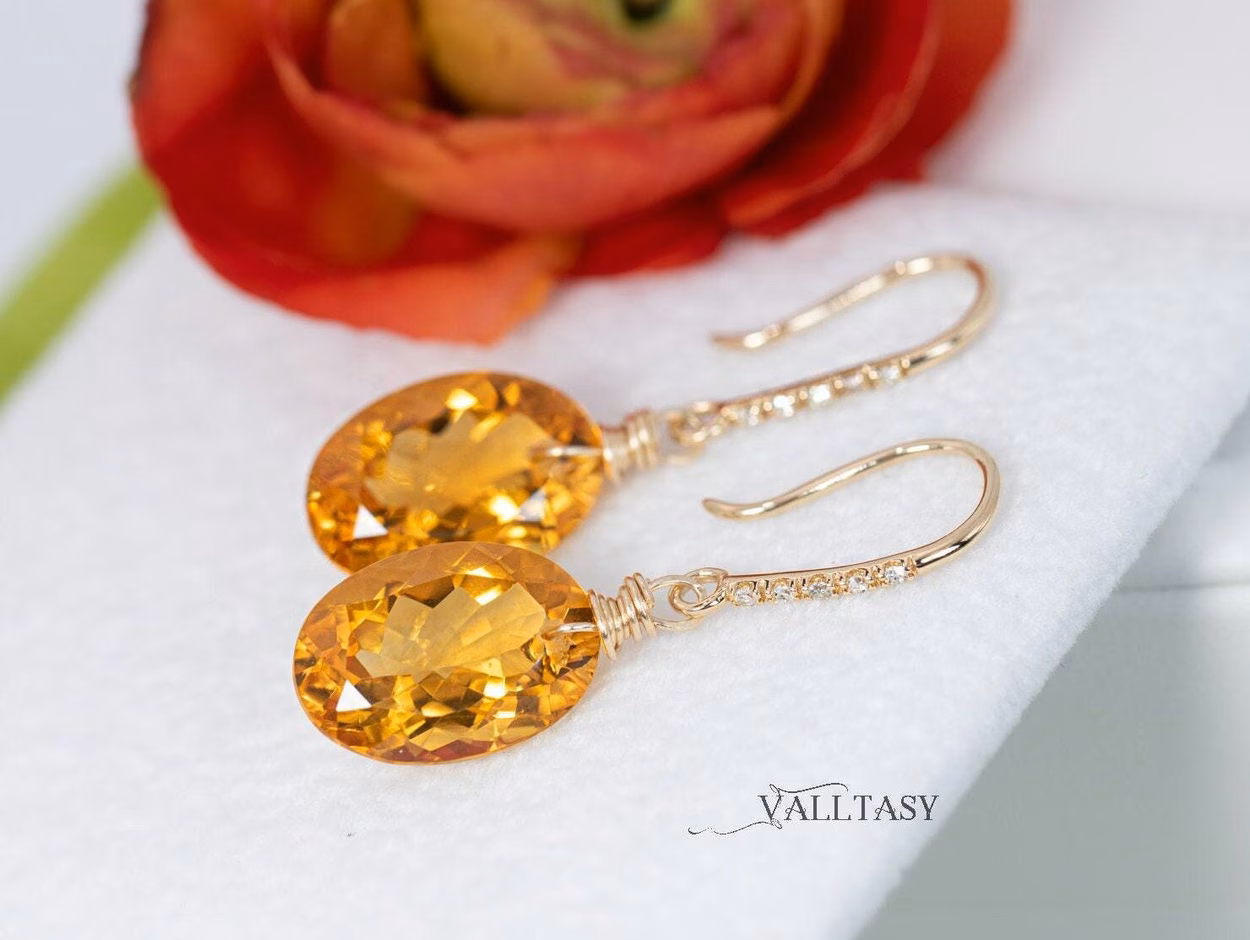 - Solid Gold 14K Diamond Oval Madeira Citrine Earrings, Genuine Natural Citrine Earrings