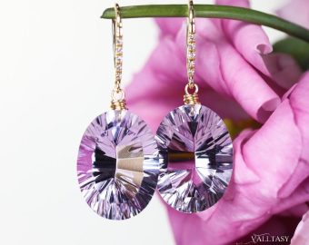 - Solid Gold 14K Diamond Oval Pink Amethyst Earrings, Genuine Natural Pink Amethyst Earrings