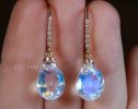 - Solid Gold 14K Diamond Oval Rainbow Moonstone Earrings