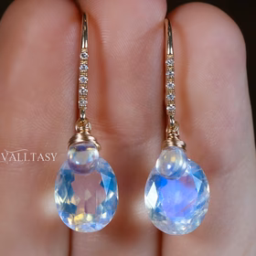 The Diamond Halo Earrings – Solid Gold 14K Diamond Oval Rainbow Moonstone Earrings