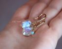 - Solid Gold 14K Diamond Oval Rainbow Moonstone Earrings