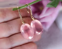 - Solid Gold 14K Diamond Oval Rose Quartz Earrings, Genuine Natural Rose Quartz Earrings