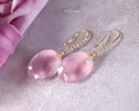 - Solid Gold 14K Diamond Oval Rose Quartz Earrings, Genuine Natural Rose Quartz Earrings