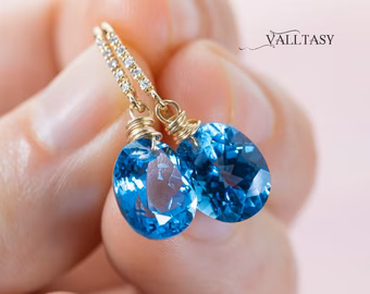- Solid Gold 14K Diamond Oval Swiss Blue Topaz Earrings, Genuine Natural Topaz Earrings