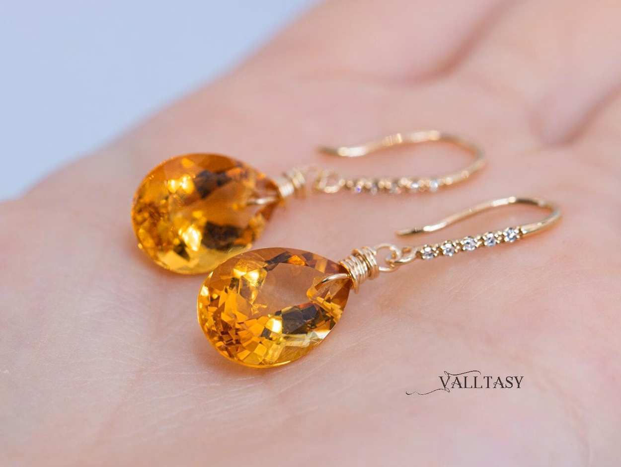 - Solid Gold 14K Diamond Pear Madeira Citrine Earrings, Genuine Natural Citrine Earrings