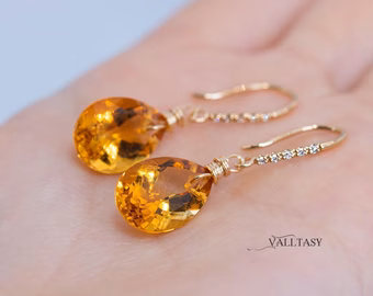 - Solid Gold 14K Diamond Pear Madeira Citrine Earrings, Genuine Natural Citrine Earrings