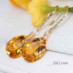 The Sunshine Earrings – Solid Gold 14K Diamond Pear Madeira Citrine Earrings, Genuine Natural Citrine Earrings