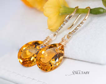 - Solid Gold 14K Diamond Pear Madeira Citrine Earrings, Genuine Natural Citrine Earrings