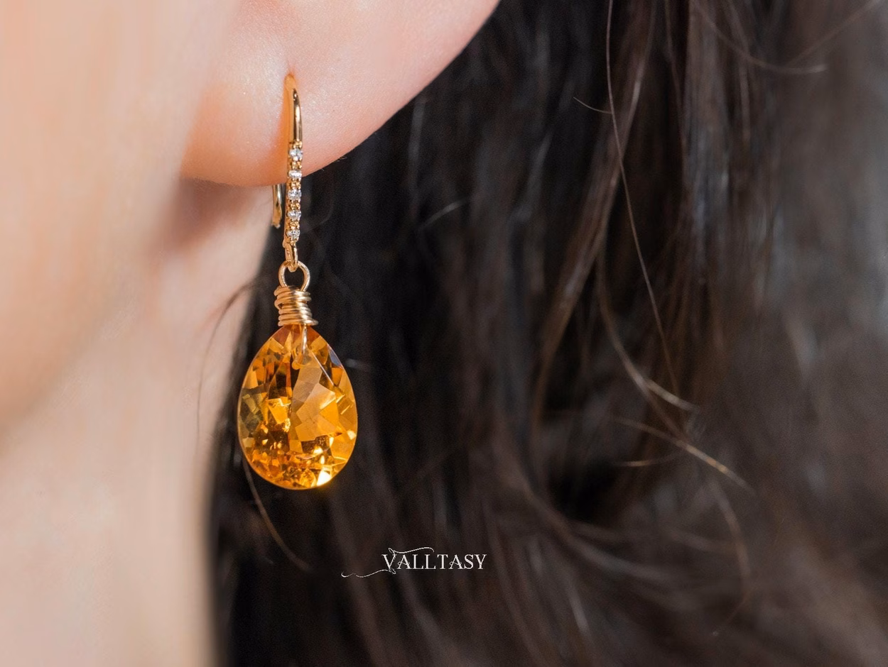 - Solid Gold 14K Diamond Pear Madeira Citrine Earrings, Genuine Natural Citrine Earrings
