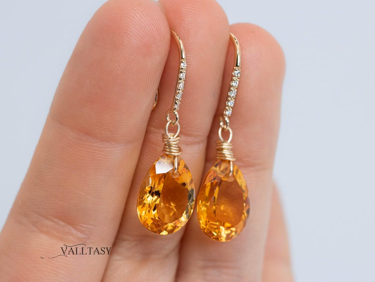 - Solid Gold 14K Diamond Pear Madeira Citrine Earrings, Genuine Natural Citrine Earrings