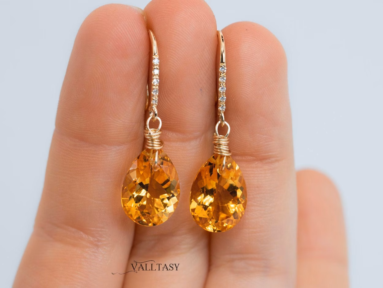 - Solid Gold 14K Diamond Pear Madeira Citrine Earrings, Genuine Natural Citrine Earrings