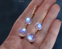- Solid Gold 14K Diamond Rainbow Moonstone Earrings