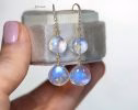 - Solid Gold 14K Diamond Rainbow Moonstone Earrings