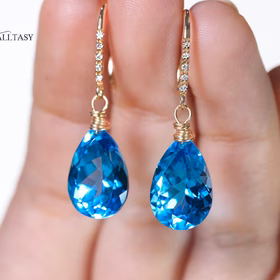 The Azure Earrings - Solid Gold 14K Diamond Swiss Blue Topaz Drop Earrings, Genuine Swiss Blue Topaz Earrings