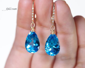 - Solid Gold 14K Diamond Swiss Blue Topaz Drop Earrings, Genuine Swiss Blue Topaz Earrings