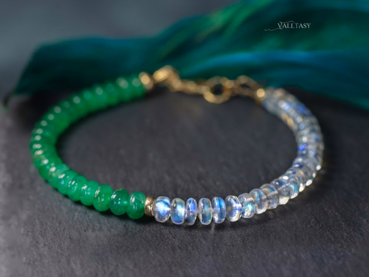 - Solid Gold 14K Emerald and Rainbow Moonstone Bracelet, Beaded Bracelet with Moonstone and Zambian Emerald