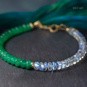 My Emerald Other Half Bracelet - Solid Gold 14K Emerald and Rainbow Moonstone Bracelet, Beaded Bracelet with Moonstone and Zambian Emerald