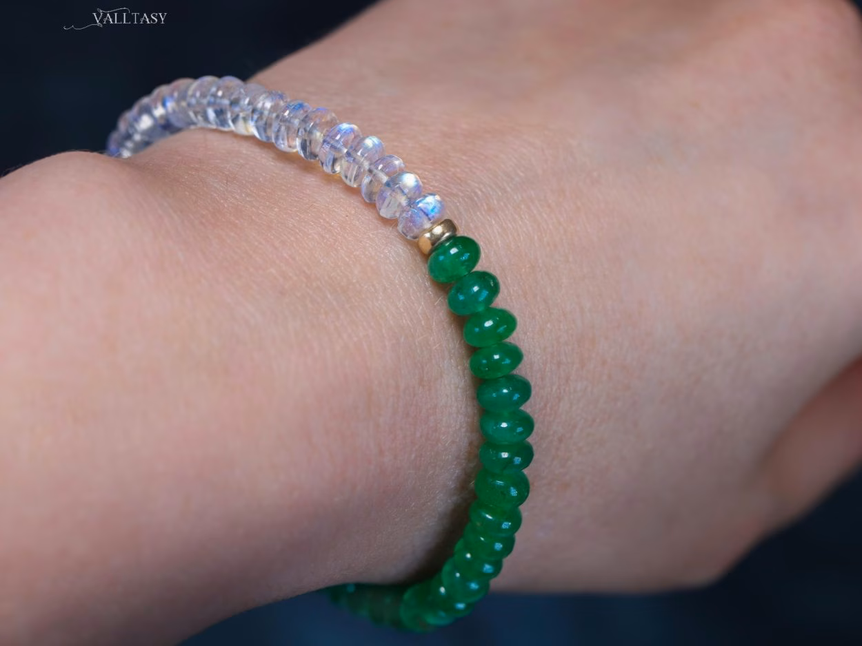 - Solid Gold 14K Emerald and Rainbow Moonstone Bracelet, Beaded Bracelet with Moonstone and Zambian Emerald