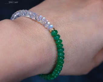 - Solid Gold 14K Emerald and Rainbow Moonstone Bracelet, Beaded Bracelet with Moonstone and Zambian Emerald