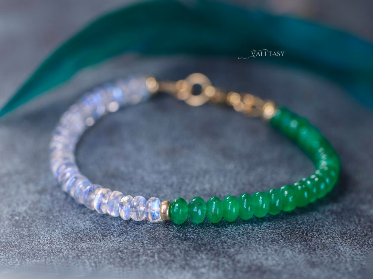 - Solid Gold 14K Emerald and Rainbow Moonstone Bracelet, Beaded Bracelet with Moonstone and Zambian Emerald