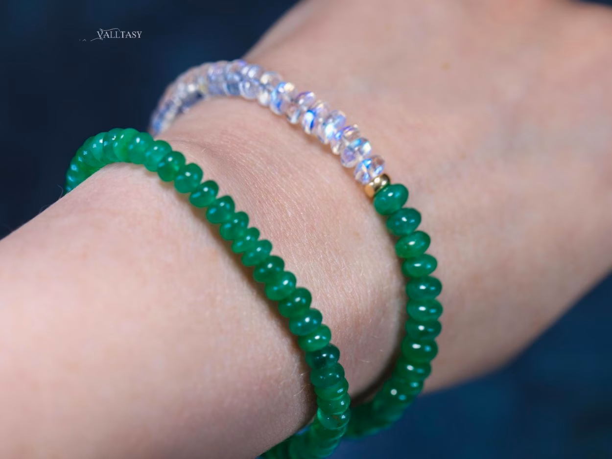 - Solid Gold 14K Emerald and Rainbow Moonstone Bracelet, Beaded Bracelet with Moonstone and Zambian Emerald