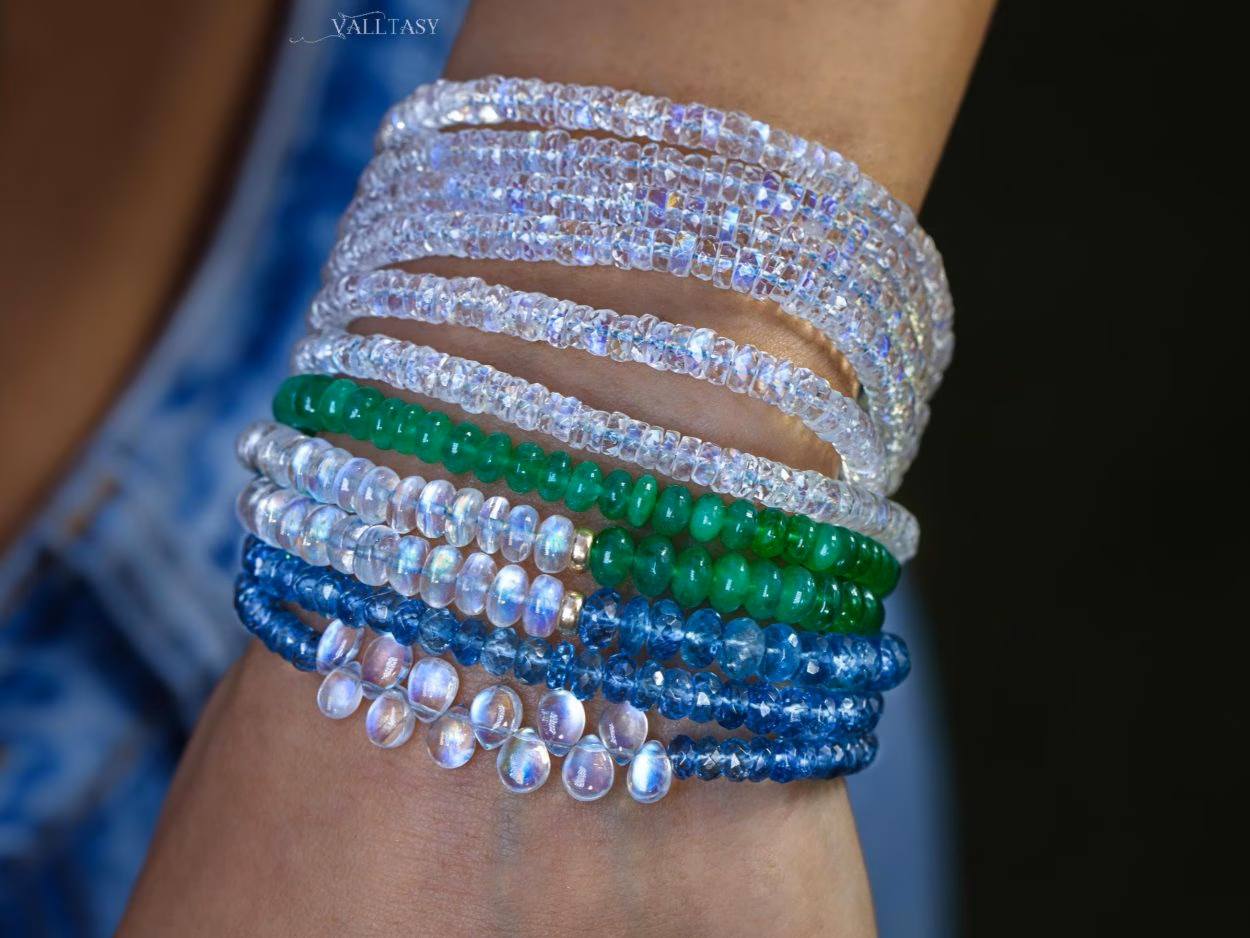 - Solid Gold 14K Emerald and Rainbow Moonstone Bracelet, Beaded Bracelet with Moonstone and Zambian Emerald