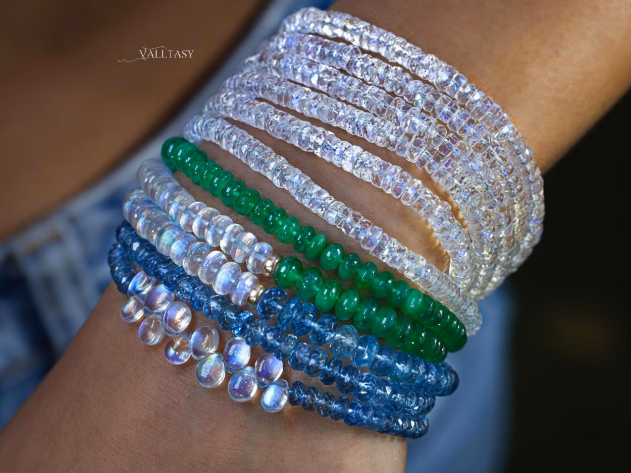 - Solid Gold 14K Emerald and Rainbow Moonstone Bracelet, Beaded Bracelet with Moonstone and Zambian Emerald