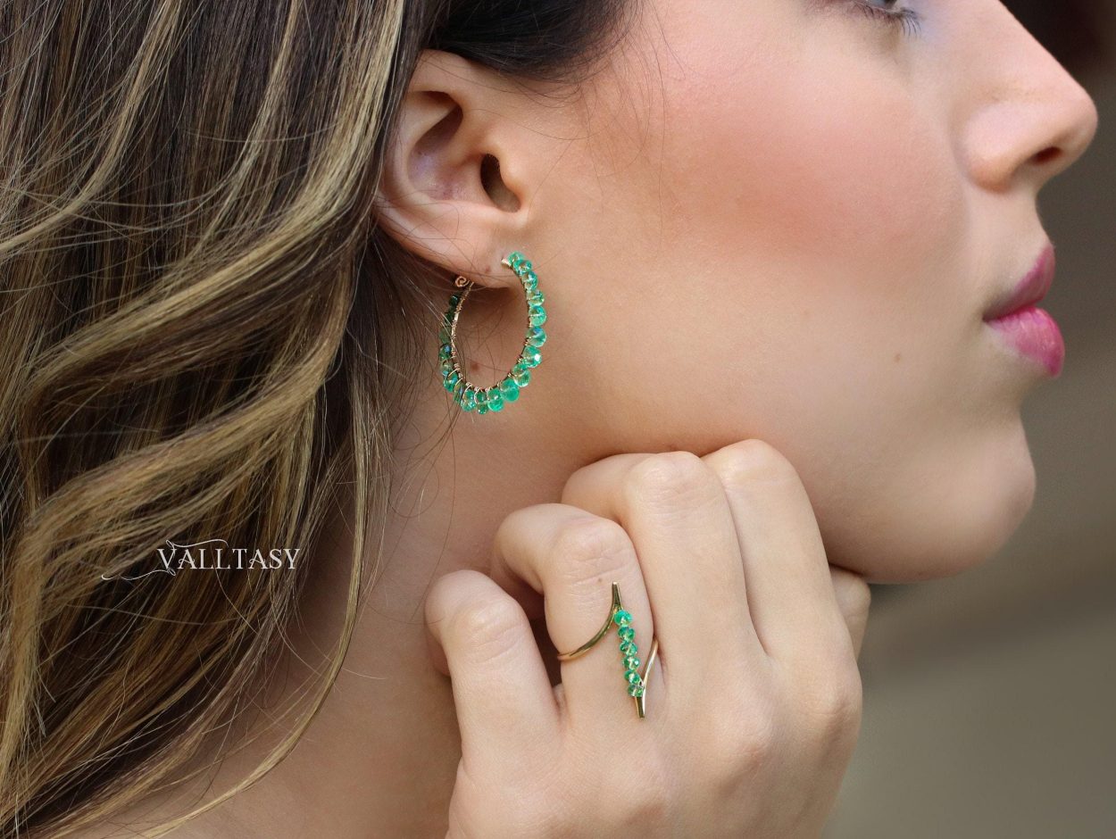 - Solid Gold 14K Emerald Hoop Earrings, Genuine Colombian Emerald Earrings