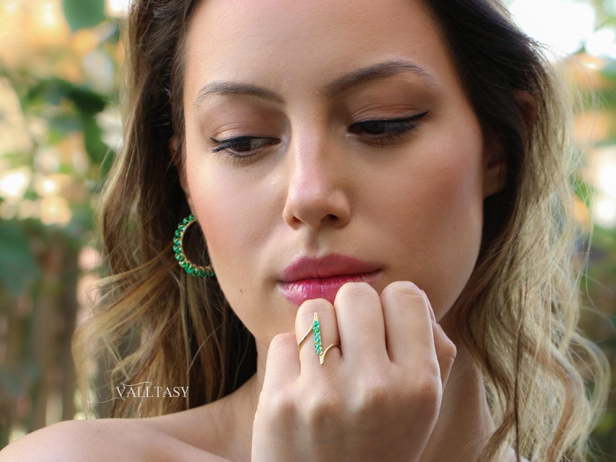 - Solid Gold 14K Emerald Hoop Earrings, Genuine Colombian Emerald Earrings
