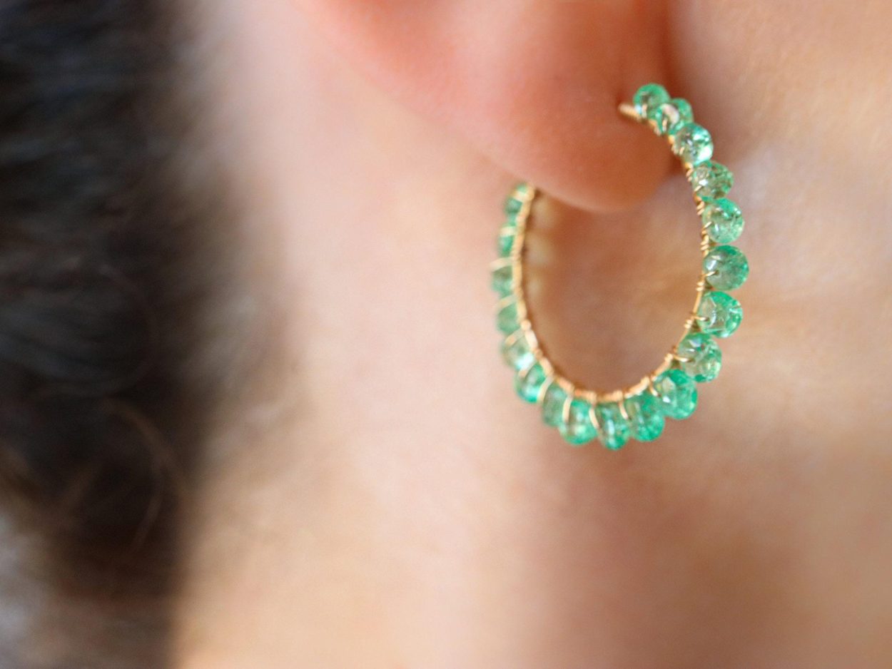 - Solid Gold 14K Emerald Hoop Earrings, Genuine Colombian Emerald Earrings