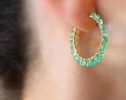 - Solid Gold 14K Emerald Hoop Earrings, Genuine Colombian Emerald Earrings