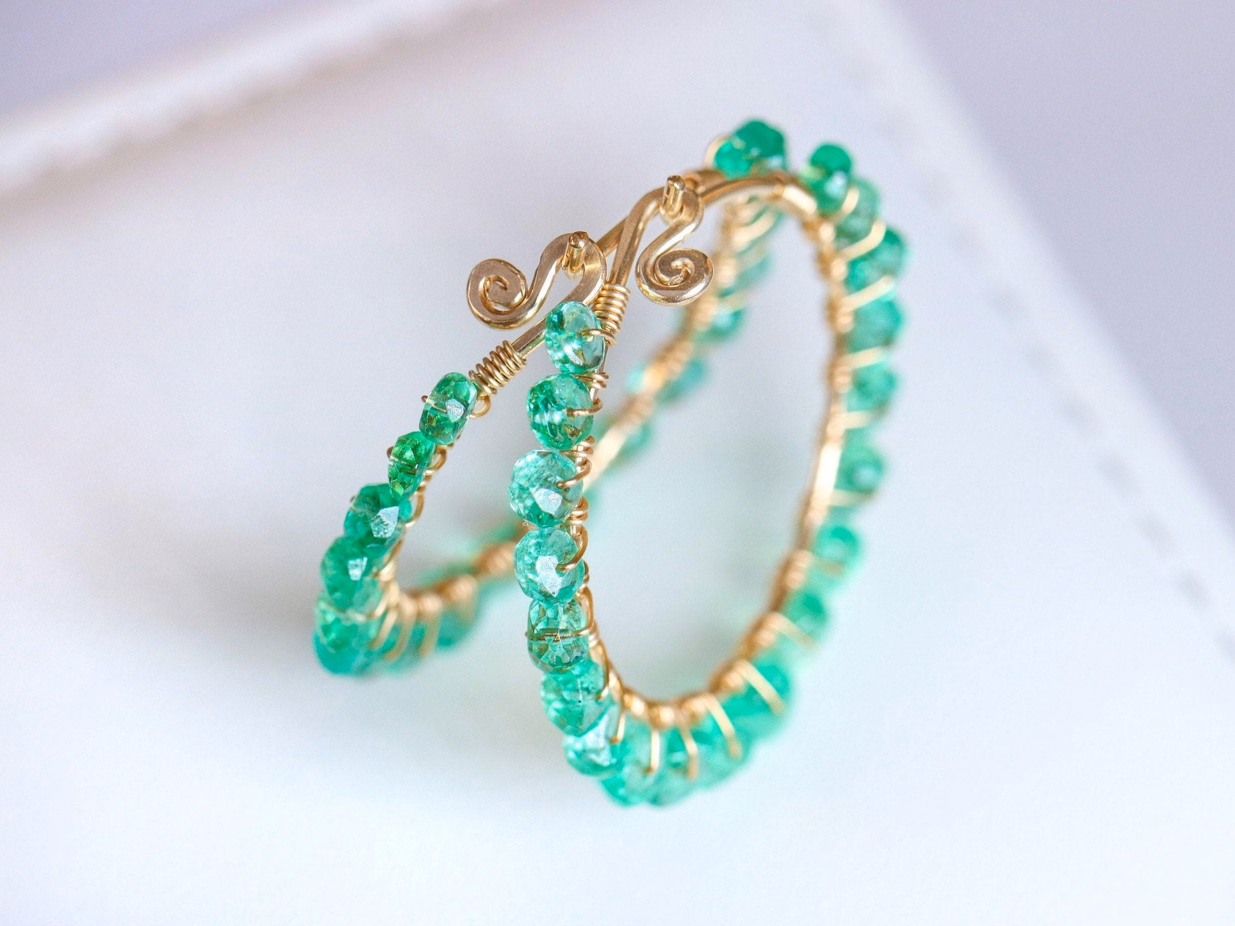 - Solid Gold 14K Emerald Hoop Earrings, Genuine Colombian Emerald Earrings
