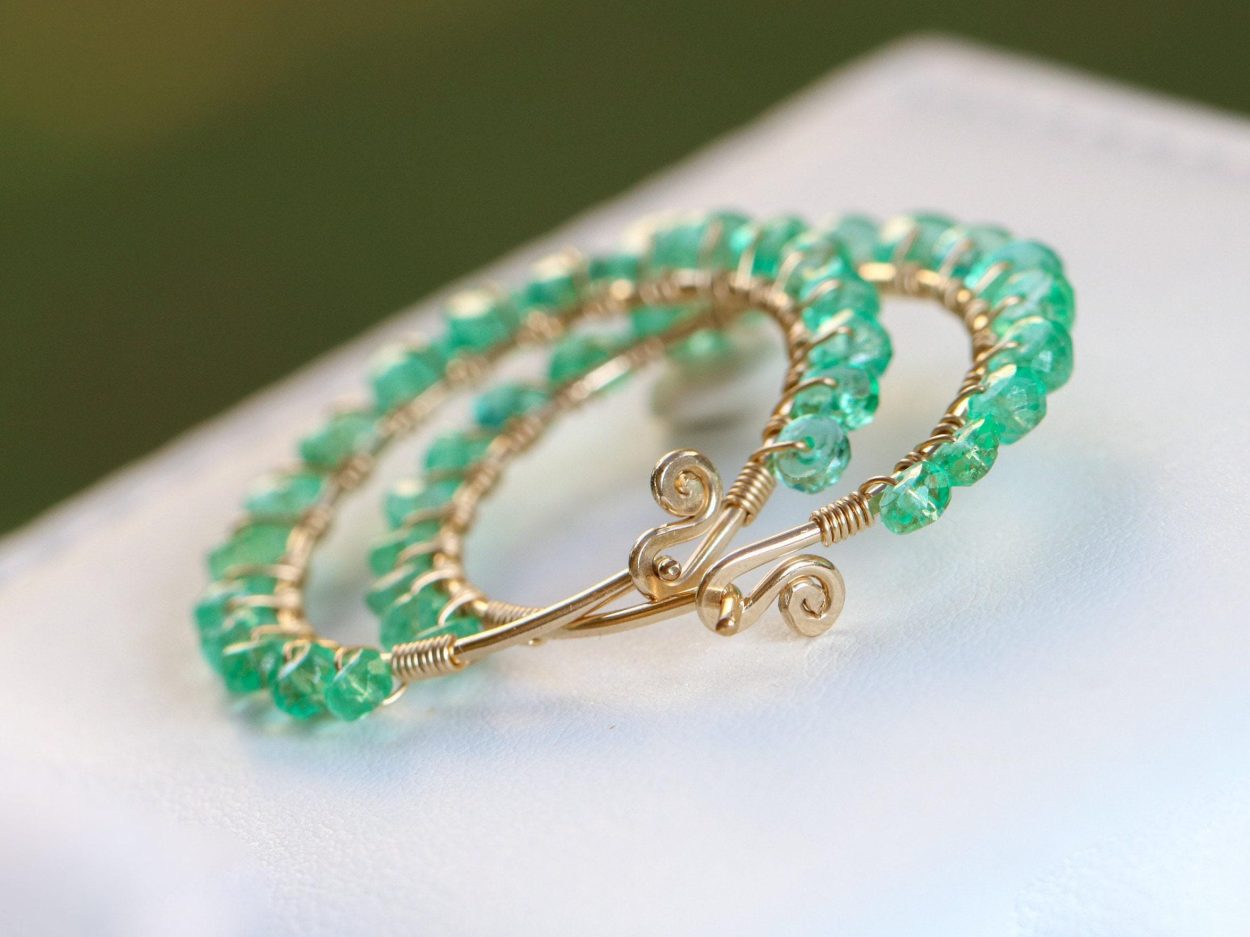 - Solid Gold 14K Emerald Hoop Earrings, Genuine Colombian Emerald Earrings