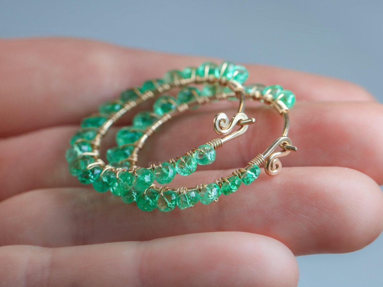 - Solid Gold 14K Emerald Hoop Earrings, Genuine Colombian Emerald Earrings