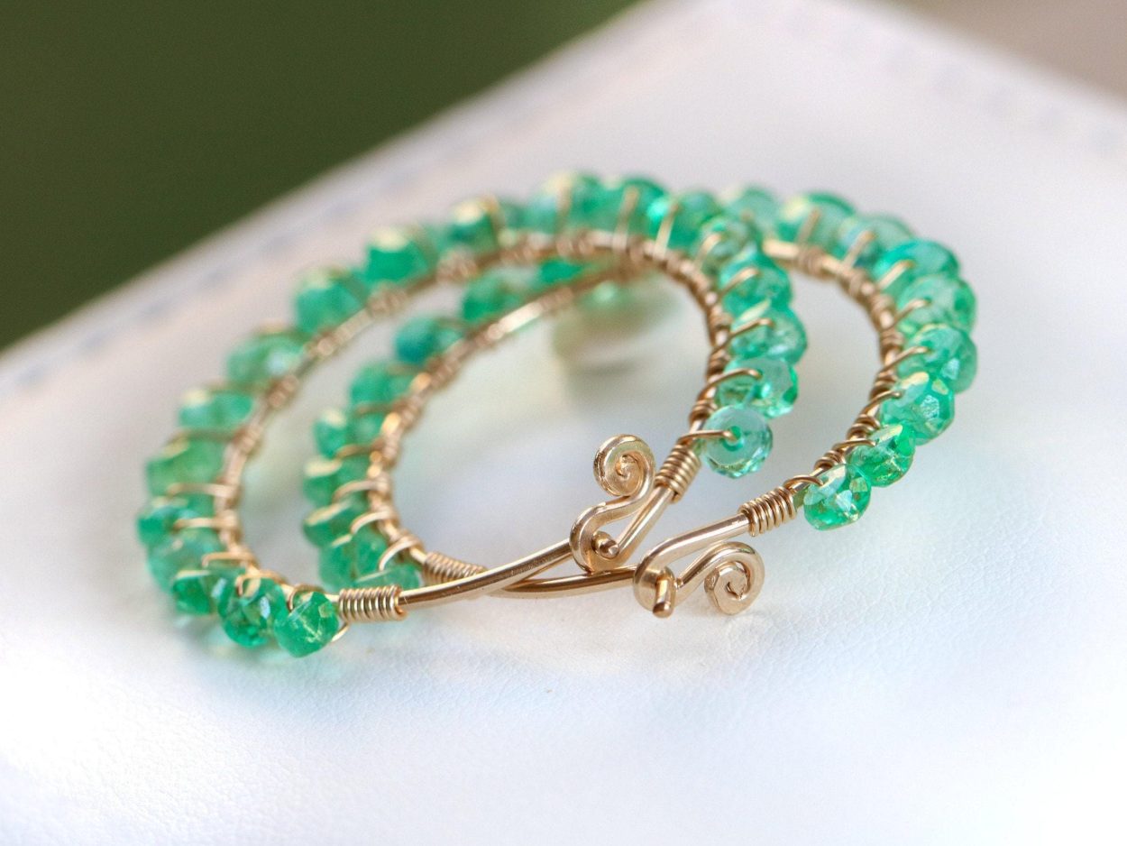 - Solid Gold 14K Emerald Hoop Earrings, Genuine Colombian Emerald Earrings