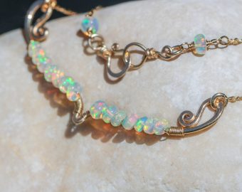 - Solid Gold 14K Ethiopian Opal Gemstone Bar Necklace
