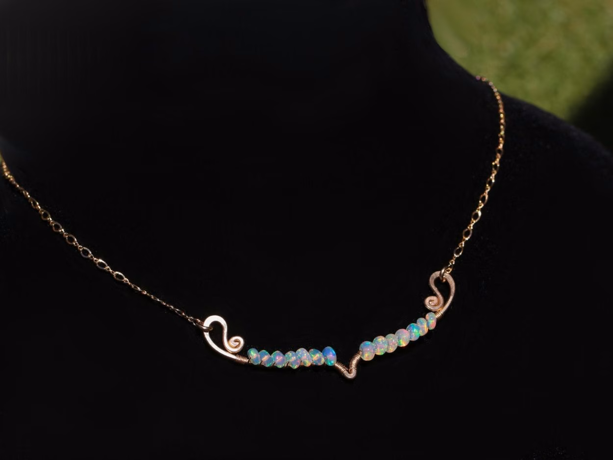 - Solid Gold 14K Ethiopian Opal Gemstone Bar Necklace