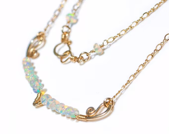 - Solid Gold 14K Ethiopian Opal Gemstone Bar Necklace