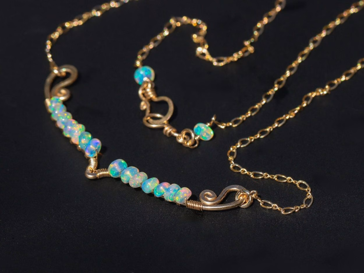 - Solid Gold 14K Ethiopian Opal Gemstone Bar Necklace
