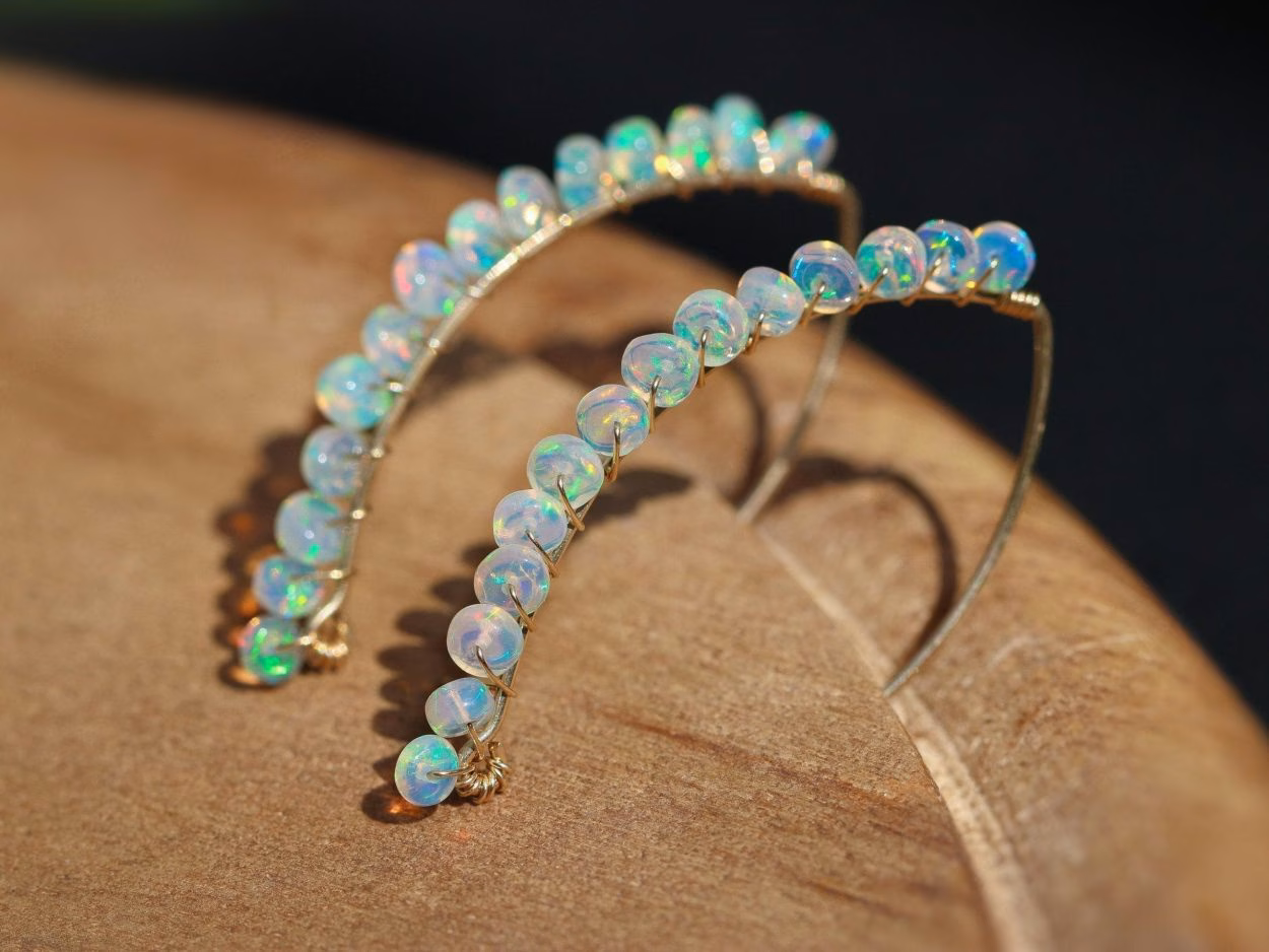- Solid Gold 14K Ethiopian Opal Threader Open Hoop Earrings