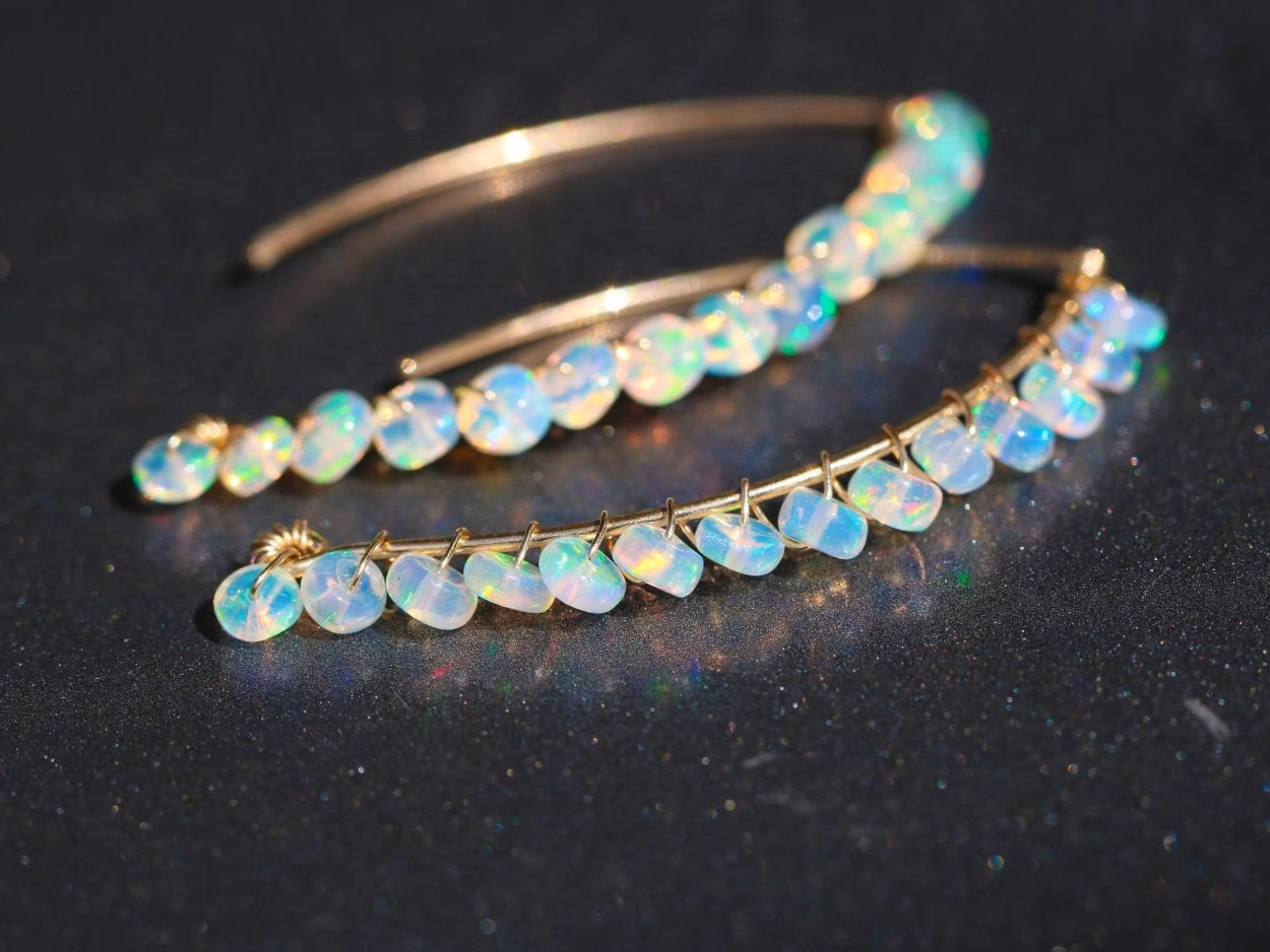 - Solid Gold 14K Ethiopian Opal Threader Open Hoop Earrings