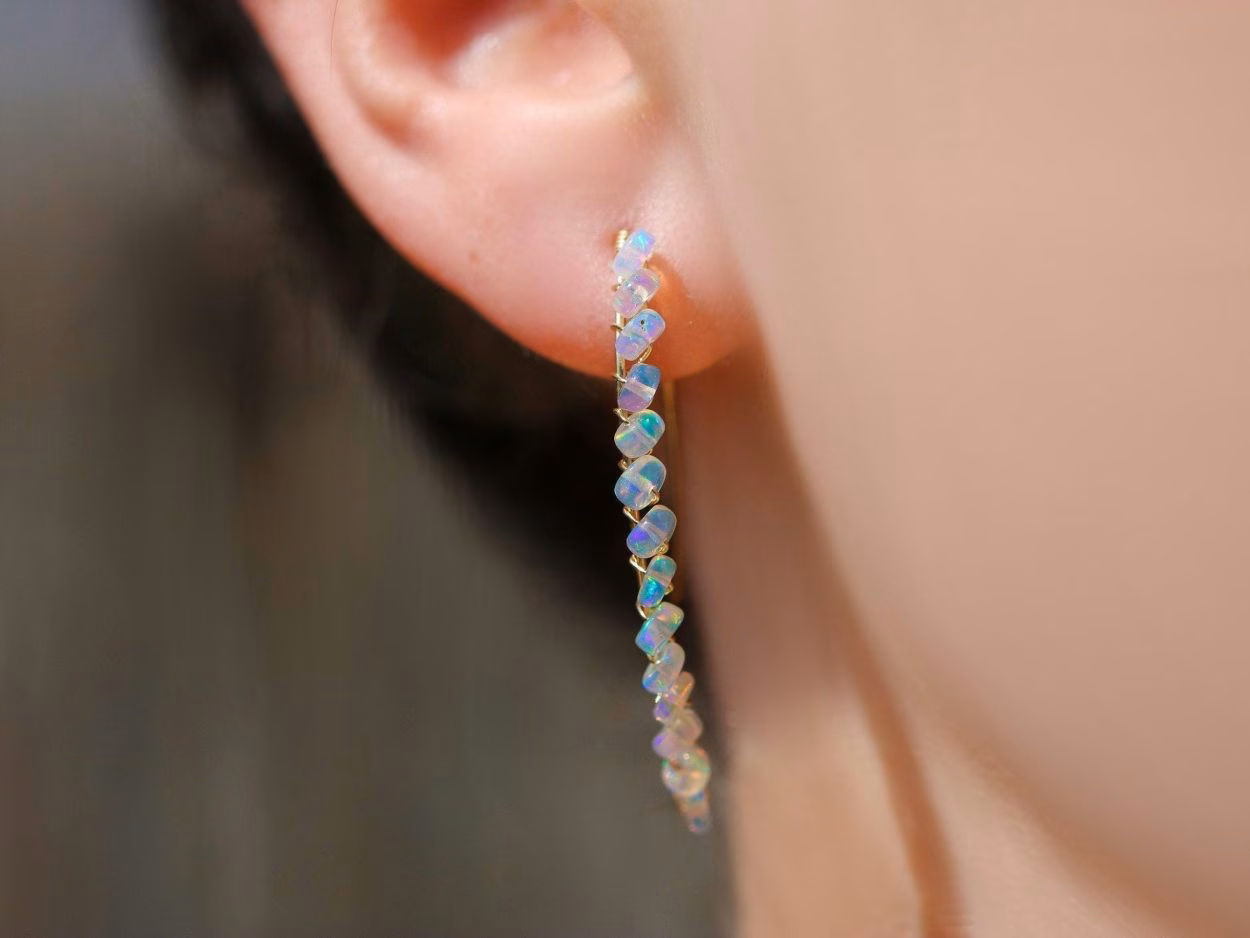 - Solid Gold 14K Ethiopian Opal Threader Open Hoop Earrings
