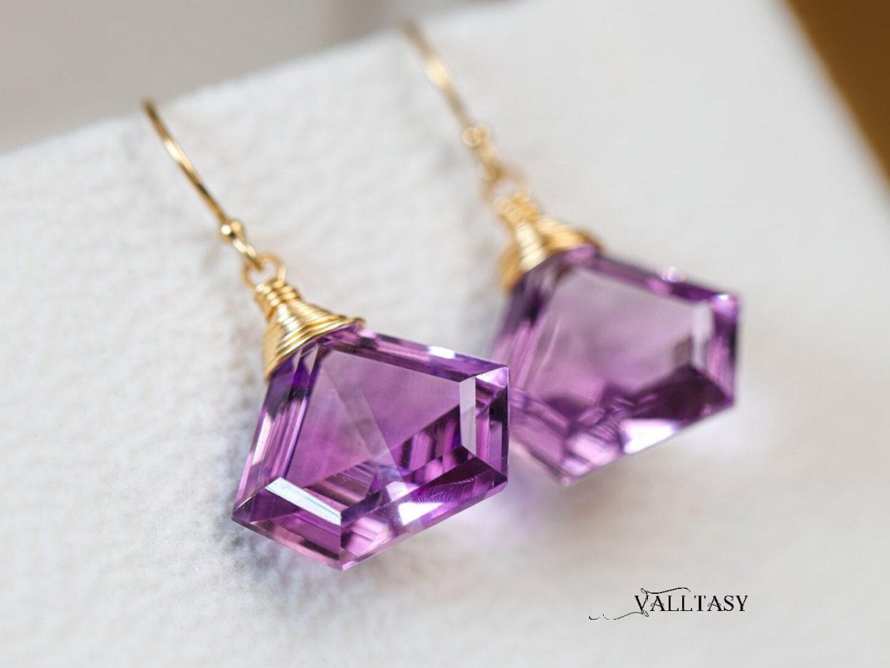- Solid Gold 14K Fancy Shaped Pink Amethyst Earrings