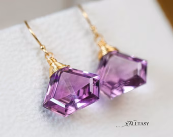 - Solid Gold 14K Fancy Shaped Pink Amethyst Earrings