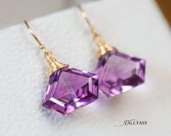 - Solid Gold 14K Fancy Shaped Pink Amethyst Earrings