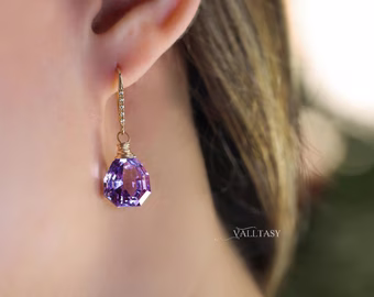 - Solid Gold 14K Fancy Shaped Pink Amethyst Earrings