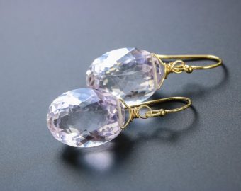 - Solid Gold 14K Genuine Light Pink Amethyst Oval Earrings