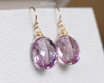 - Solid Gold 14K Genuine Pink Amethyst Oval Earrings