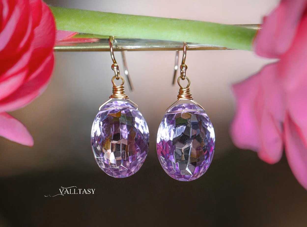 - Solid Gold 14K Genuine Pink Amethyst Oval Earrings