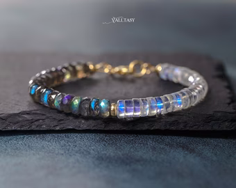 - Solid Gold 14K Labradorite and Rainbow Moonstone Bracelet, Moonstone and Labradorite Beaded Bracelet